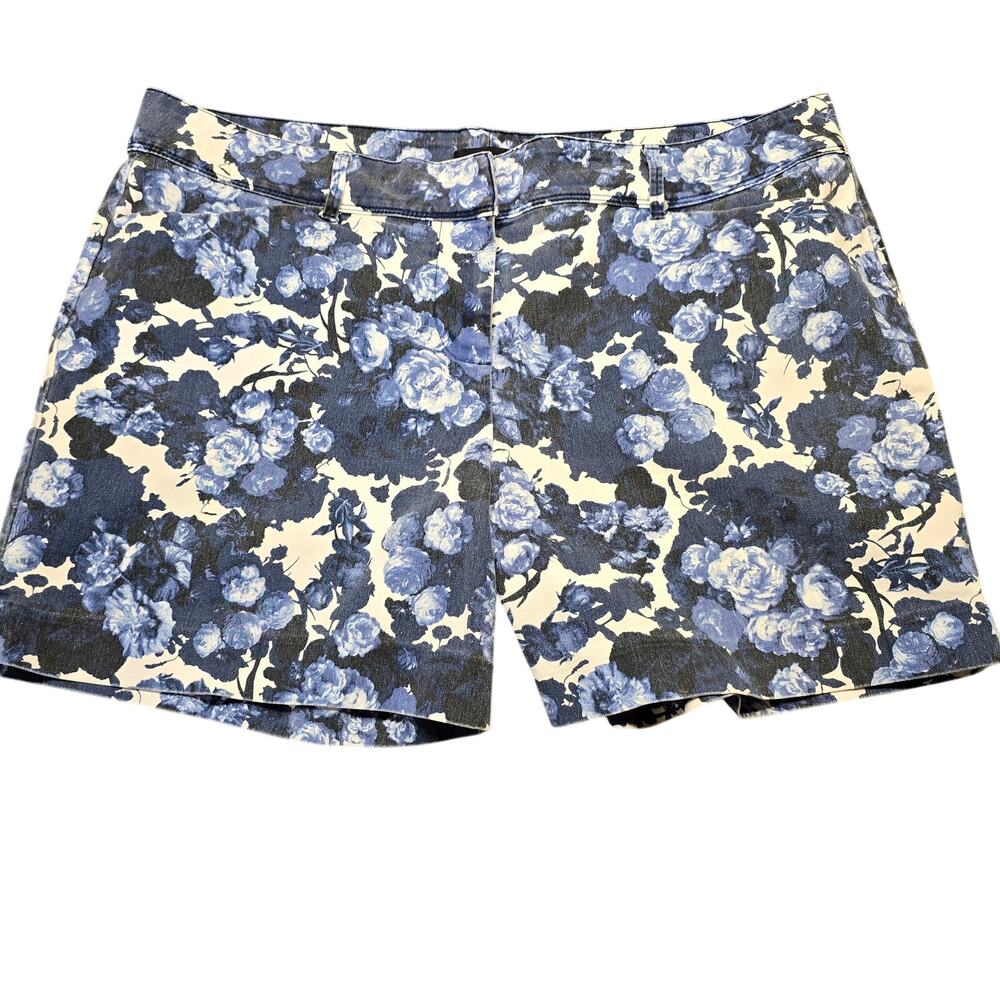 The Limited Blue Floral Shorts Stretch Flat Front Chino Women's Plus Size 16 Zip